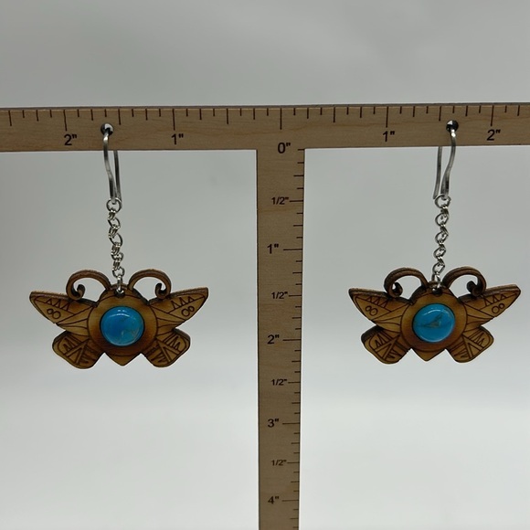 Handmade Wood Carving & Pyrography Butterfly Earrings with Bead NWT - Picture 6 of 6